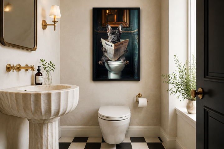 Framed art of a black French bulldog reading a newspaper on a toilet in a stylish bathroom.