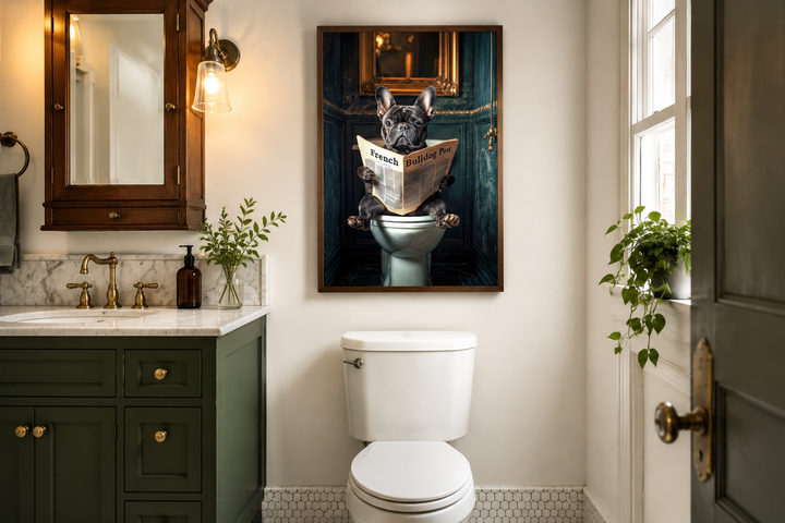 Framed wall art of a black French bulldog sitting on a toilet reading a newspaper in a bathroom.