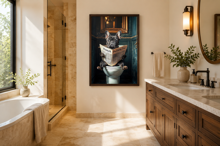 Framed art of a black French bulldog reading a newspaper on a toilet in a modern bathroom.