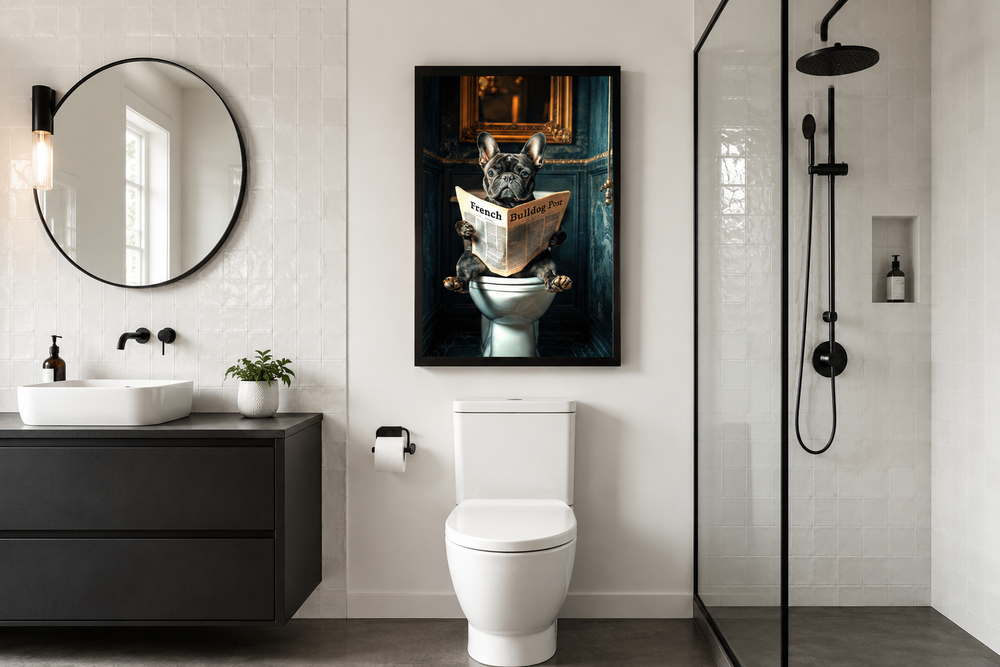 Framed wall art of a black French bulldog sitting on a toilet reading a newspaper in a bathroom.