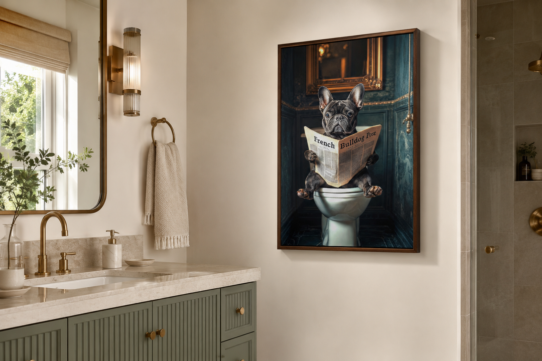Framed wall art of a black French bulldog sitting on a toilet reading a newspaper in a bathroom.