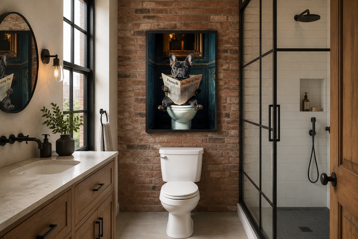 Framed wall art of a black French bulldog reading a newspaper on a toilet in a brick bathroom.