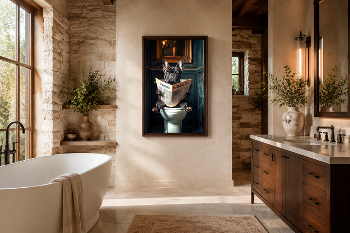Framed artwork of a black French bulldog reading a newspaper on a toilet in a rustic bathroom.