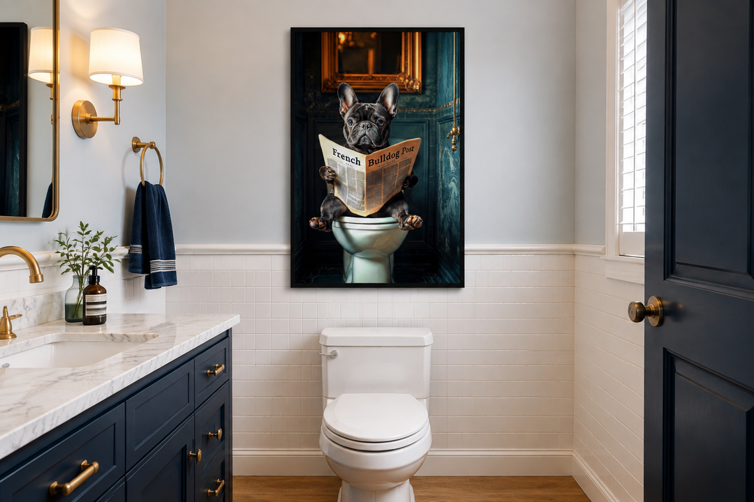 Framed wall art of a black French bulldog reading a newspaper on a toilet in a modern bathroom.
