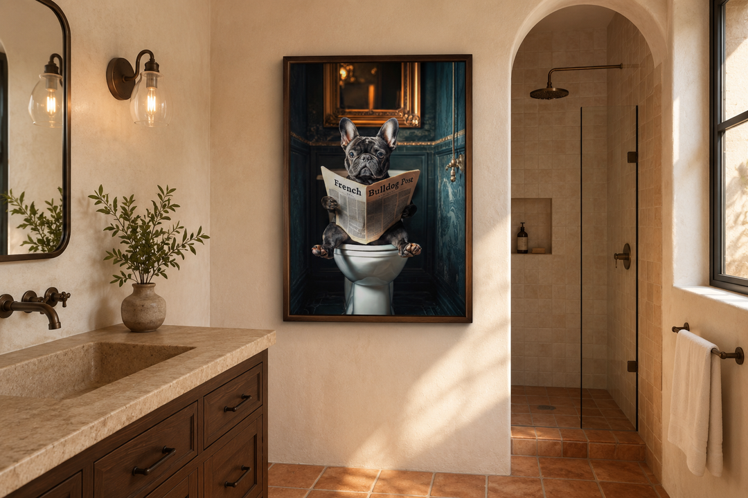 Framed wall art of a black French bulldog sitting on a toilet reading the French Bulldog Post.