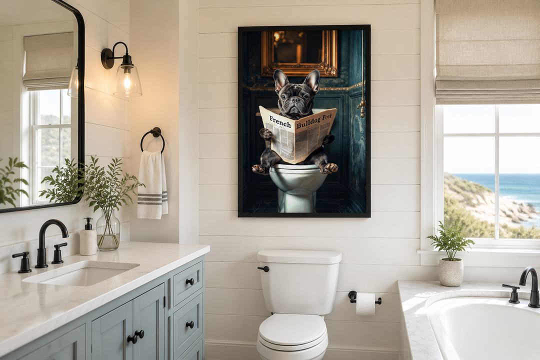 Framed wall art of a black French bulldog sitting on a toilet reading the French Bulldog Post.