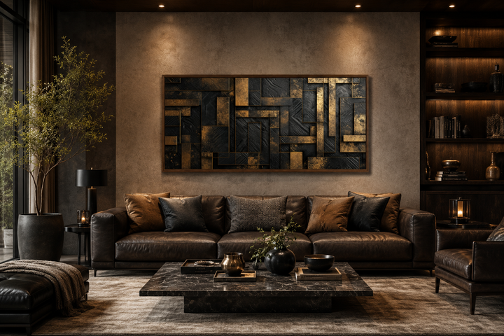 Black and gold abstract geometric framed canvas wall art mounted above a leather sofa.