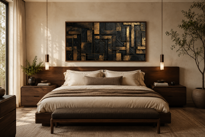 Black and gold abstract geometric framed canvas wall art hanging above a bed in a modern bedroom.