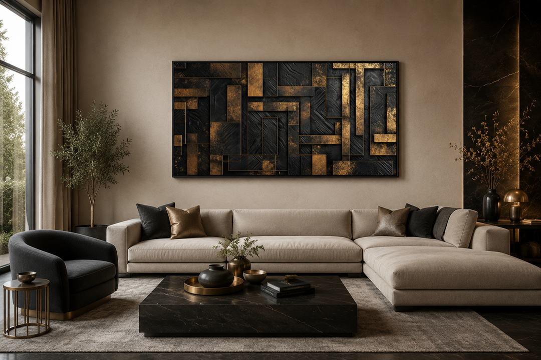 Large black and gold abstract geometric framed canvas wall art hanging above a sofa in a room.