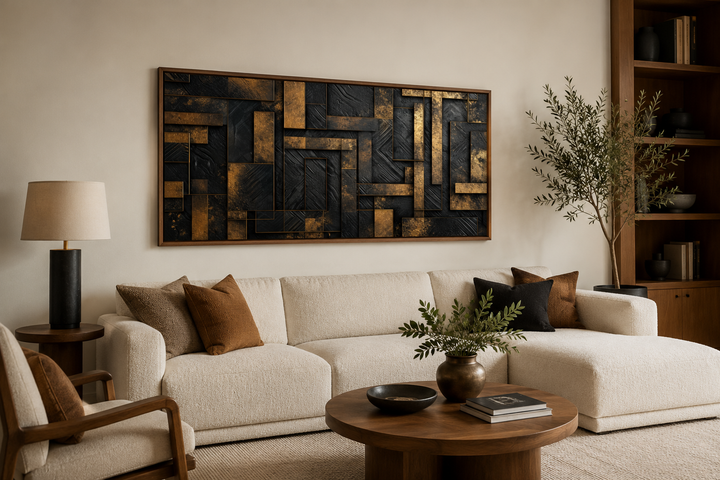 Black and gold abstract geometric framed canvas wall art mounted above a white sofa in a living room
