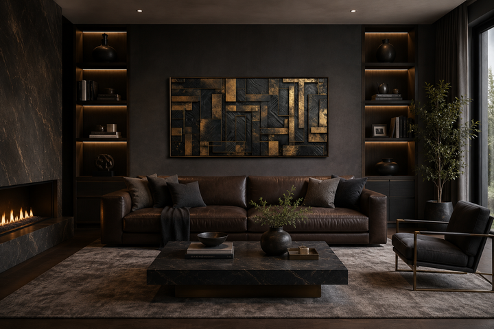 Black and gold abstract geometric framed canvas wall art mounted above a brown leather sofa.
