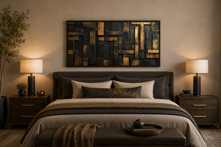 Black and gold abstract geometric framed canvas wall art hanging above a bed in a modern bedroom.
