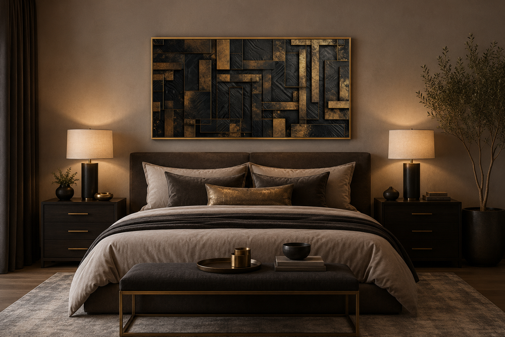 Black and gold abstract geometric framed canvas wall art hanging above a bed in a modern bedroom.