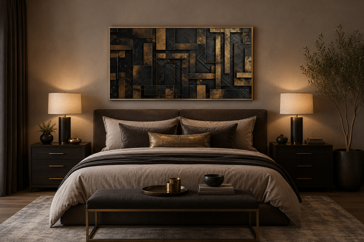 Black and gold abstract geometric framed canvas wall art hanging above a bed in a modern bedroom.