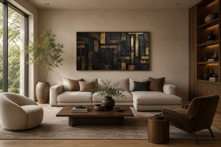 Black and gold abstract geometric framed canvas wall art mounted above a sofa in a living room.