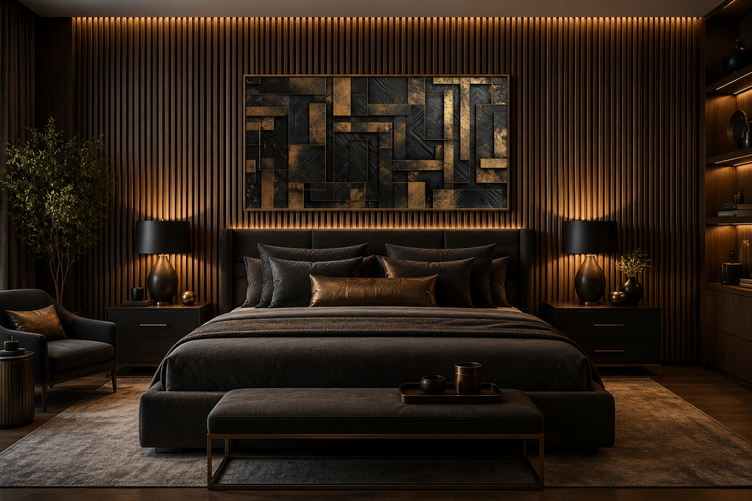Black and gold abstract geometric framed canvas wall art mounted above a bed in a modern bedroom.