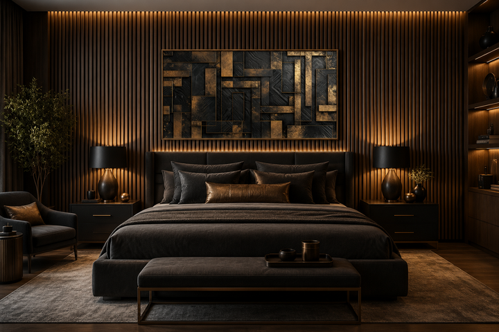 Black and gold abstract geometric framed canvas wall art mounted above a bed in a modern bedroom.