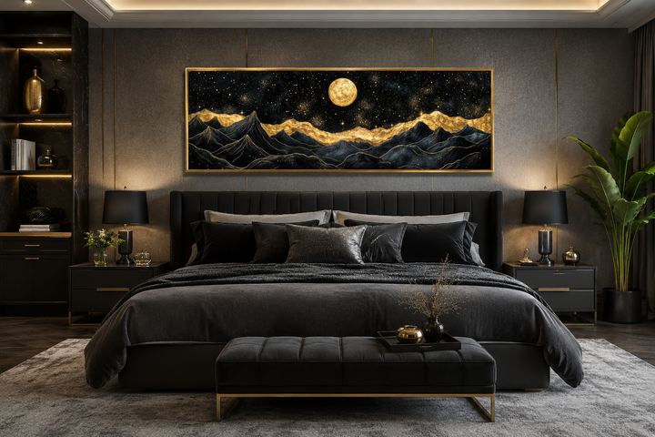 Black and gold abstract mountain canvas print with a full moon over a modern bedroom.