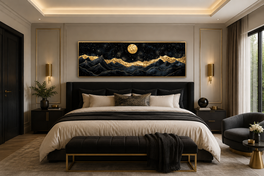 Black and gold abstract mountain canvas print with a full moon above a bed in a modern bedroom.