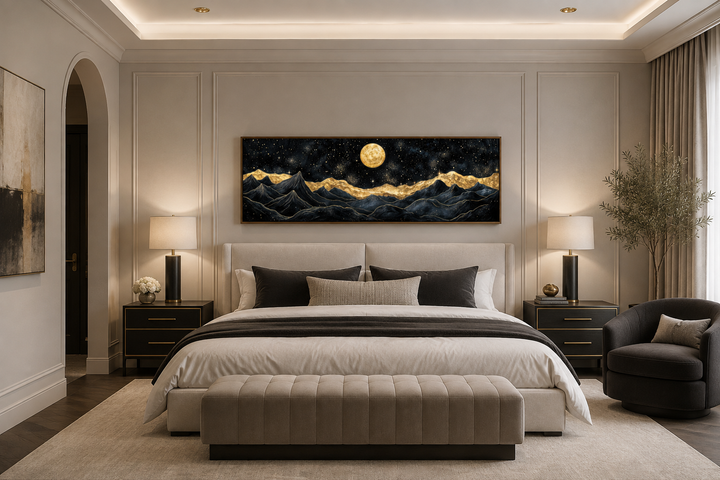 Black Gold Mountain wall art canvas print above a bed in a modern, neutral-toned bedroom.