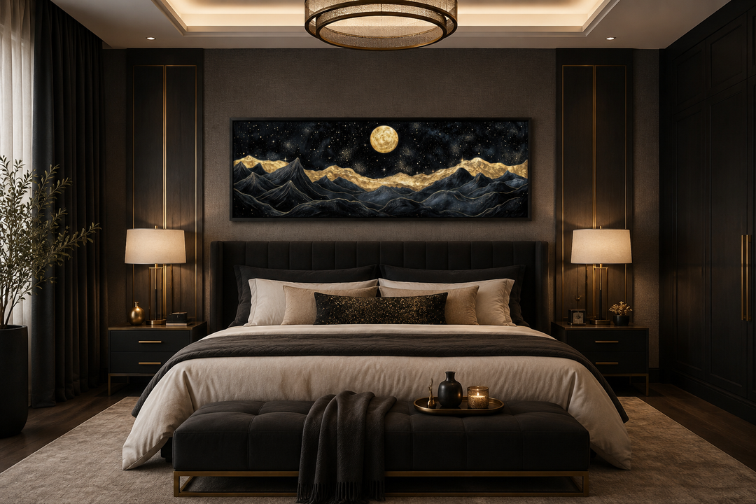 Black gold mountain wall art with a full moon over a bed in a modern dark bedroom.
