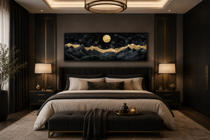 Black gold mountain wall art with a full moon over a bed in a modern dark bedroom.