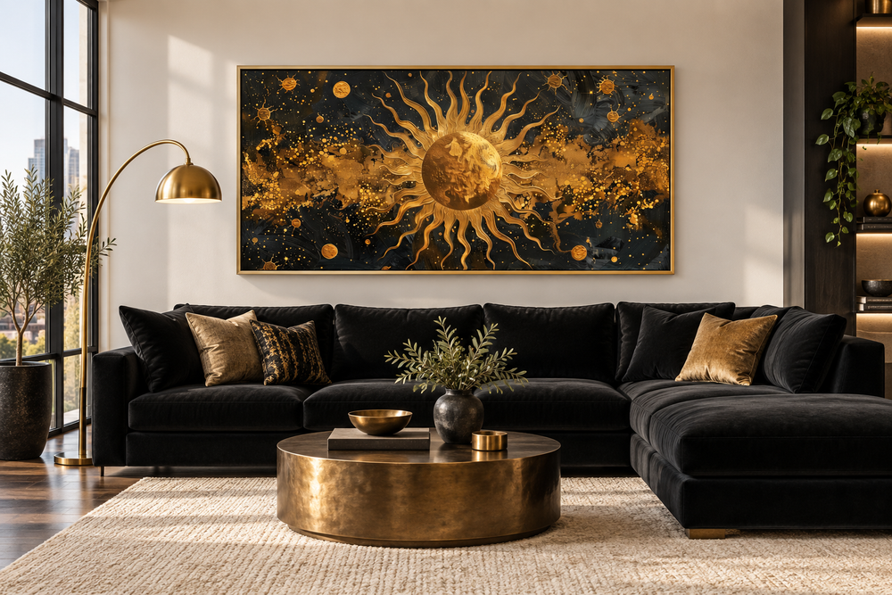 Framed canvas print of a golden sun with abstract rays on a black background above a black sofa.