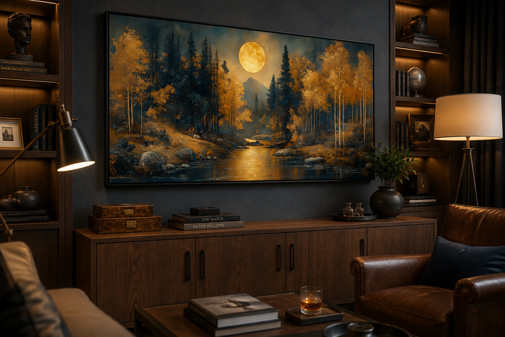 Framed canvas wall art of a moonlit forest with gold trees and a river in an art nouveau style.