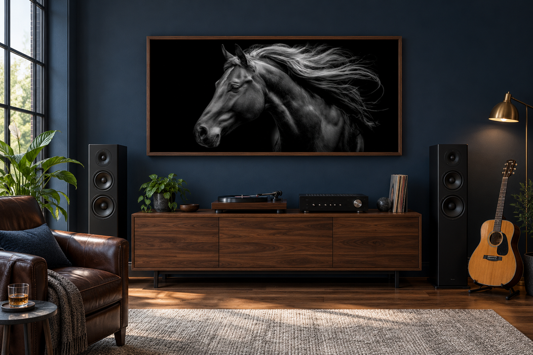 Black Horse Extra Large Framed Canvas Wall Art above a wooden media console in a navy blue room.