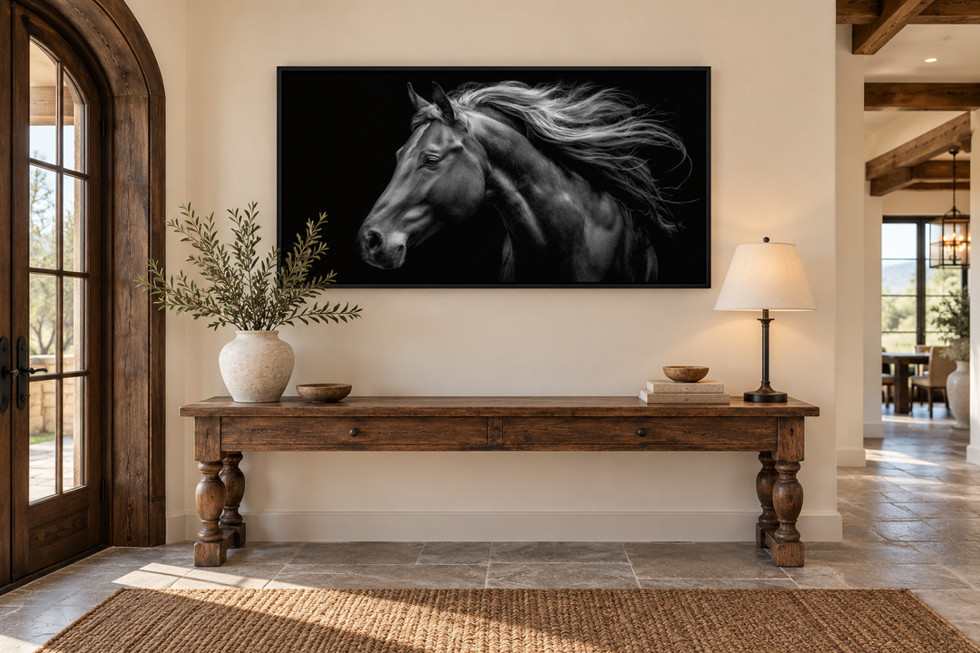 Extra large framed black and white canvas wall art of a majestic horse in a rustic entryway.