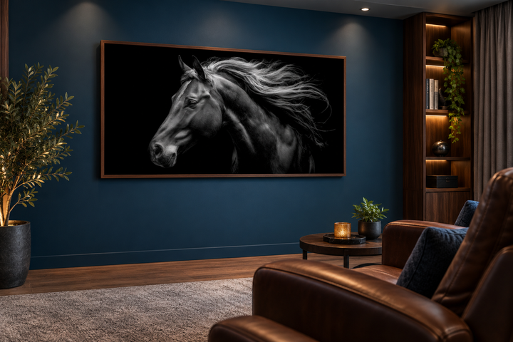 Extra large framed canvas wall art featuring a black and white majestic horse in a dark room.