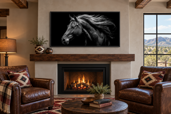 Black Horse Extra Large Framed Canvas Wall Art above a fireplace in a rustic living room.