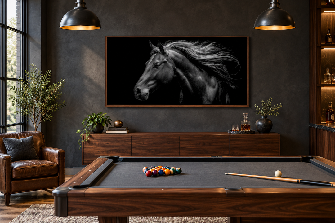 Extra large framed canvas wall art of a black horse in a modern billiards room with a pool table.