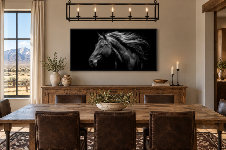 Extra large framed canvas wall art featuring a black and white profile of a majestic horse.