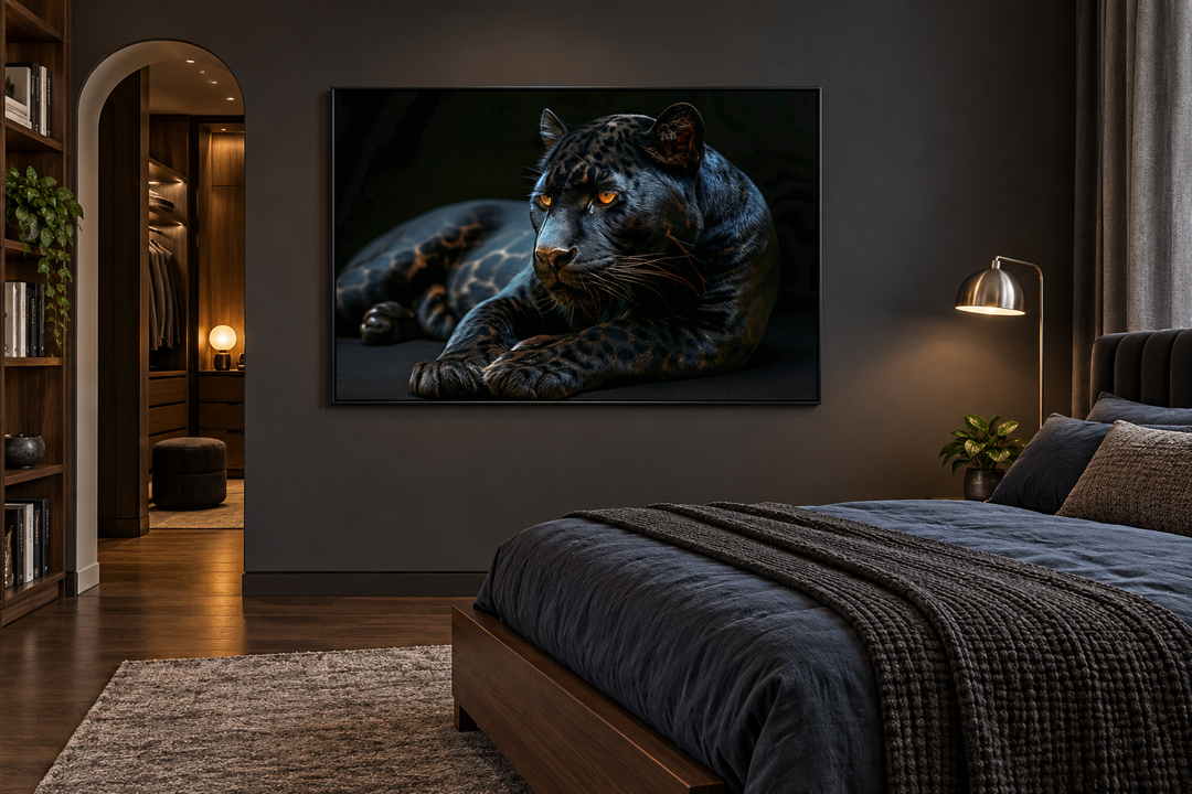 Black Panther On Black Background Framed Canvas Wall Art hanging in a modern dark-toned bedroom.