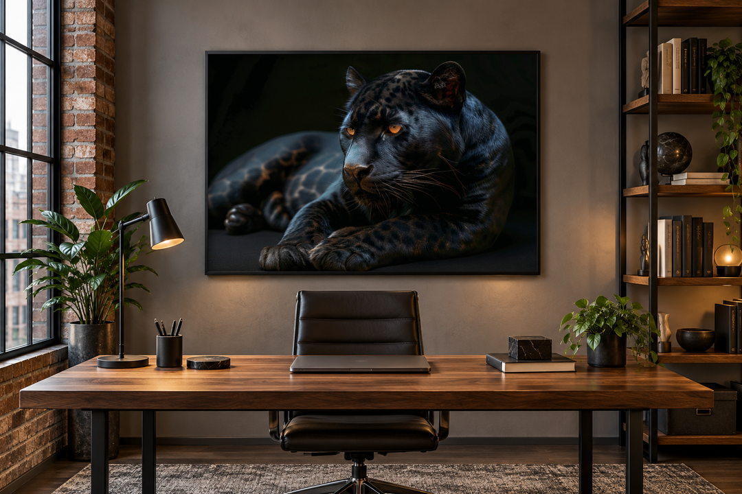 Framed canvas wall art of a black panther on a black background in a modern office setting.