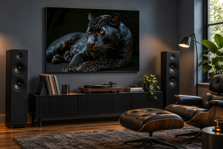 Black panther on black background framed canvas wall art hanging in a modern living room.