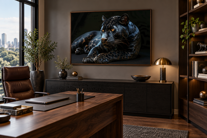 Framed canvas wall art of a black panther on a black background in a modern executive office.