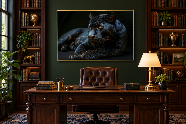 Black panther on black background framed canvas wall art hanging in a classic wood-paneled office.