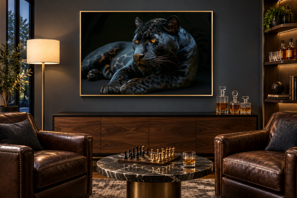 Black panther framed canvas wall art in a gold frame above a wooden sideboard in a modern room.