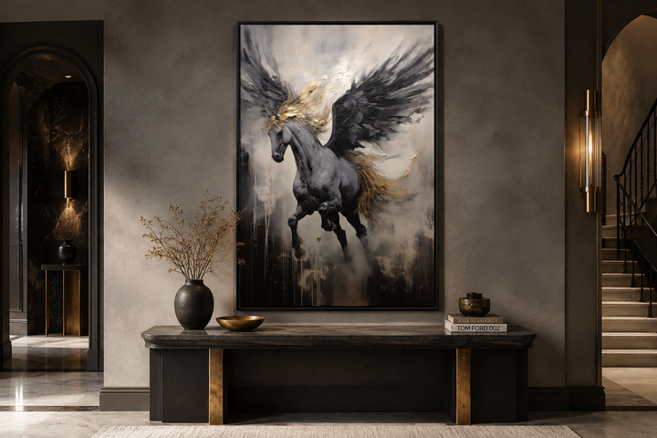 Black Pegasus framed canvas wall art featuring a winged horse in a dynamic abstract painting.