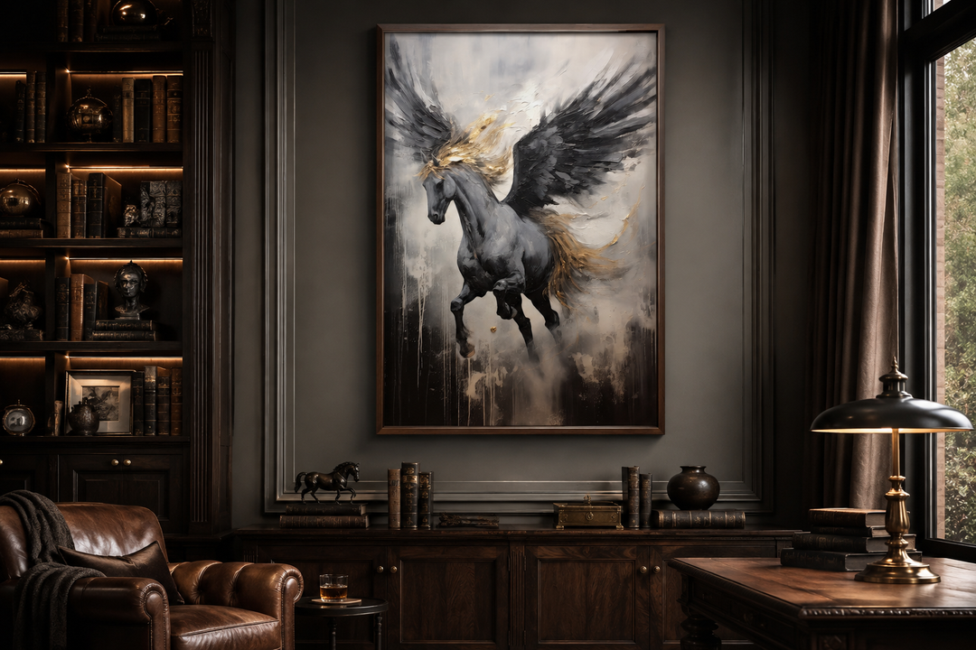 Black Pegasus framed canvas wall art featuring a winged horse in an abstract painting style.