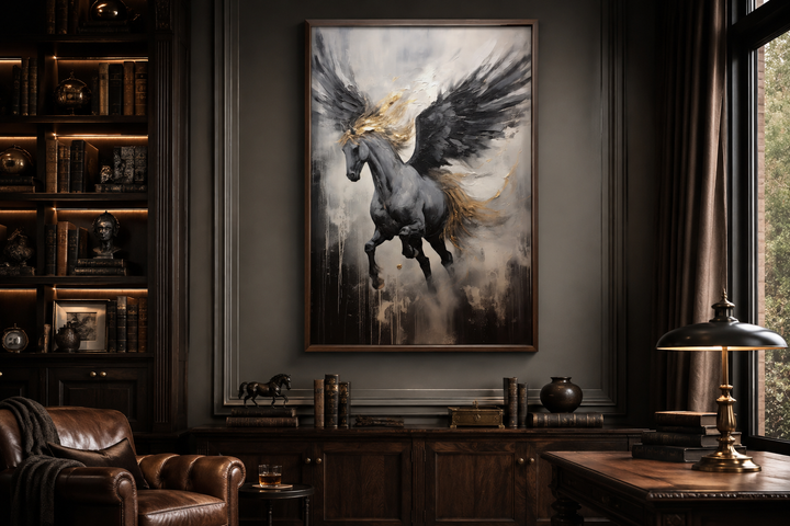Black Pegasus framed canvas wall art featuring a winged horse in an abstract painting style.