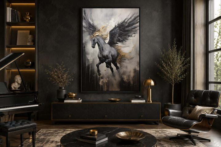 Black Pegasus framed canvas wall art in an abstract style, hanging in a modern dark-toned room.