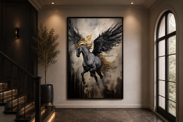 Black Pegasus framed canvas wall art featuring a winged horse with gold accents in a modern room.