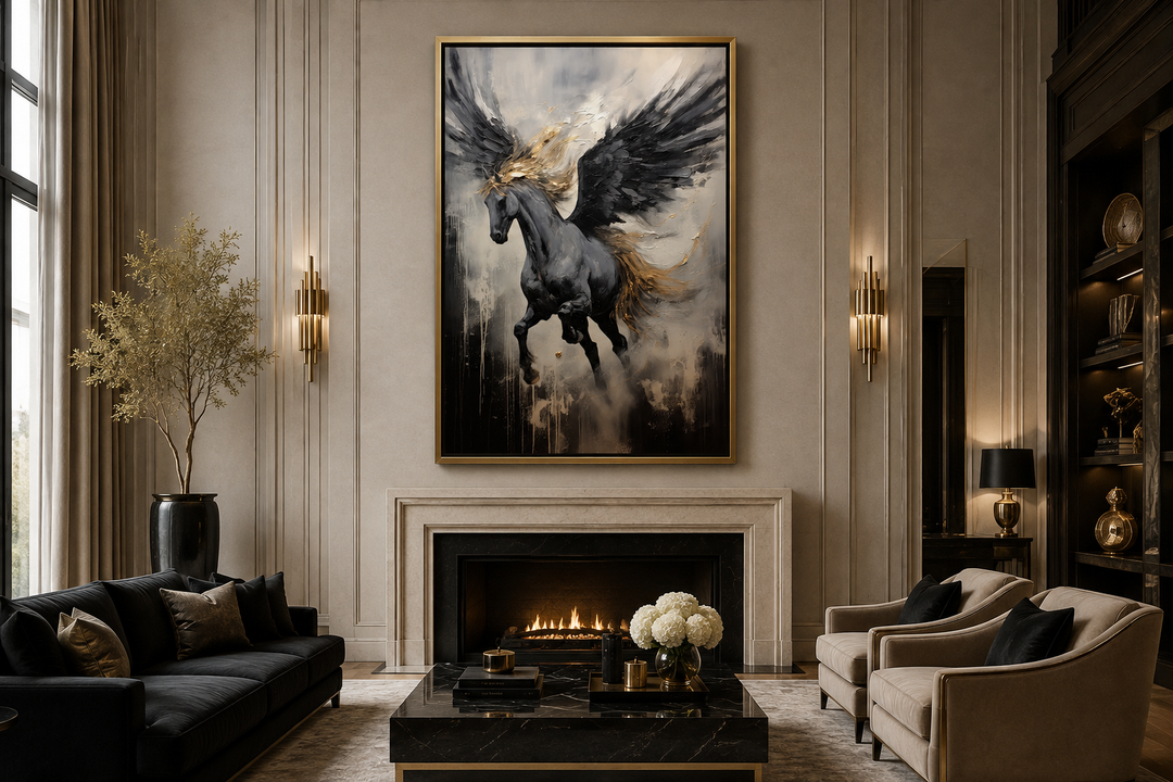 Black Pegasus framed canvas wall art featuring a winged horse in a dynamic abstract painting.