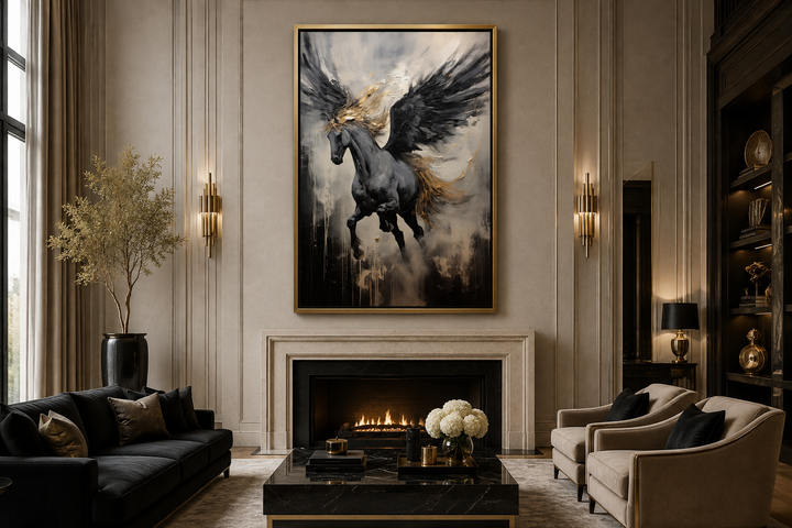 Black Pegasus framed canvas wall art featuring a winged horse in a dynamic abstract painting.