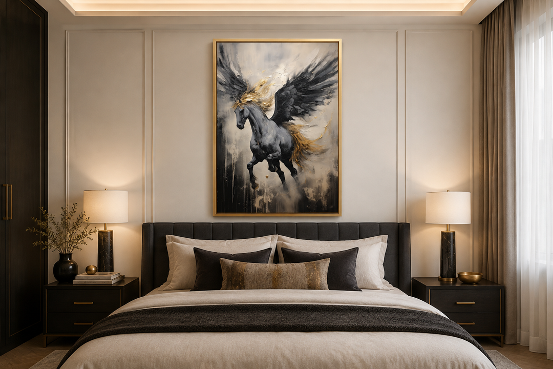 Black Pegasus framed canvas wall art featuring a winged horse in a dynamic abstract painting.