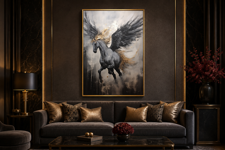 Black Pegasus framed canvas wall art featuring a winged horse in a dynamic abstract painting.