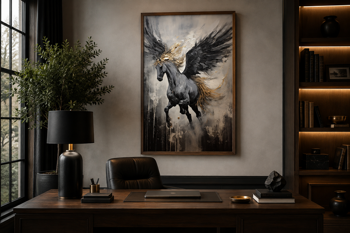 Black Pegasus framed canvas wall art in an abstract style hanging above a dark wood office desk.